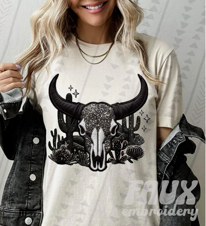 Cow Skull in Black Faux Embroidery