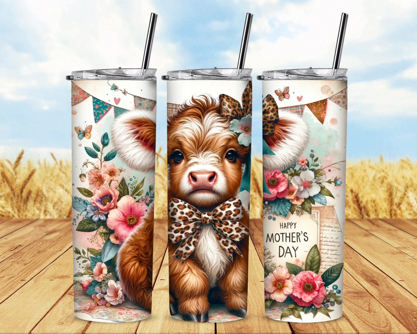 White and Brown Happy Mother's Day Highland Cow Tumbler