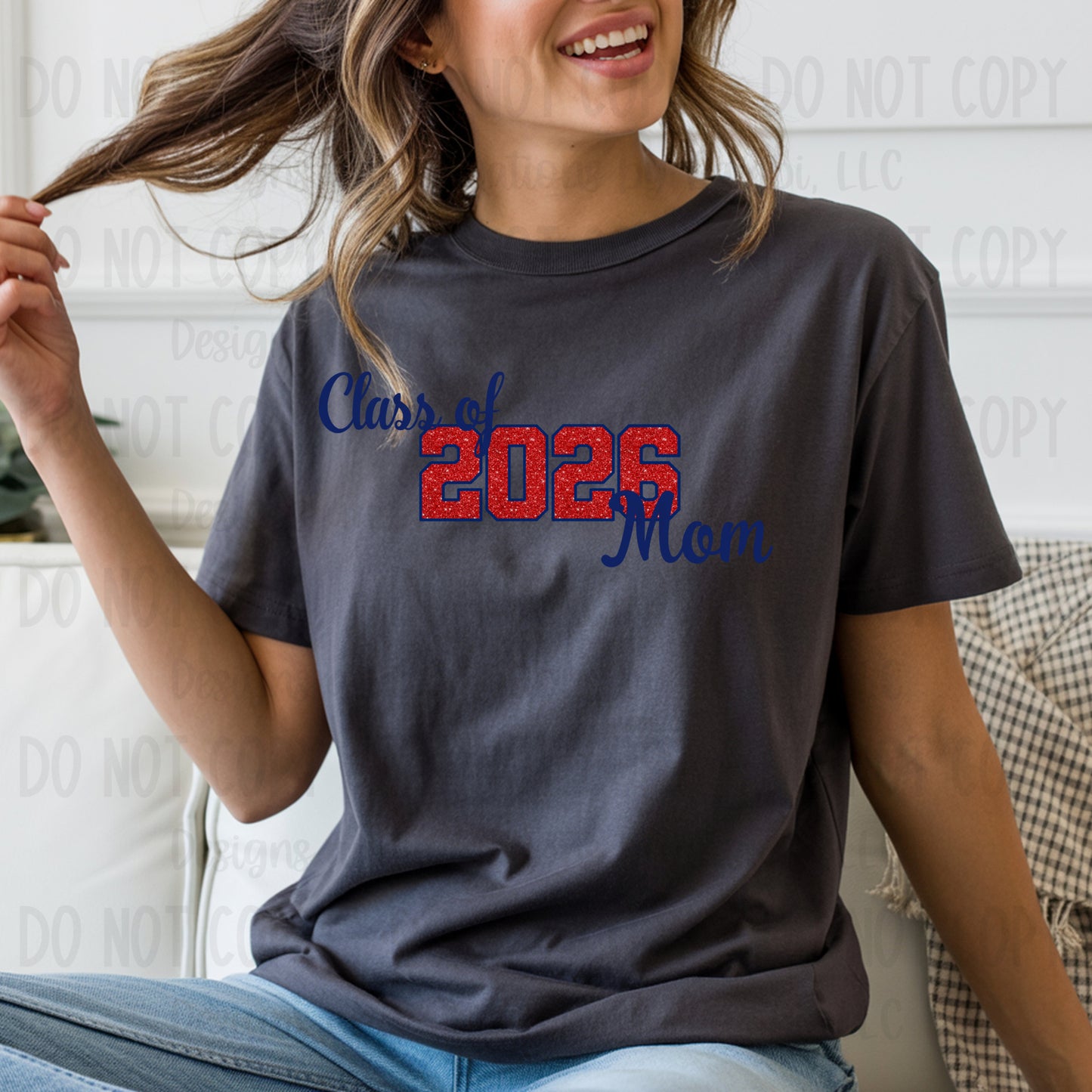 Class of 2026 Mom Faux Glitter/Embroidery Red with Blue Outline and Blue Font