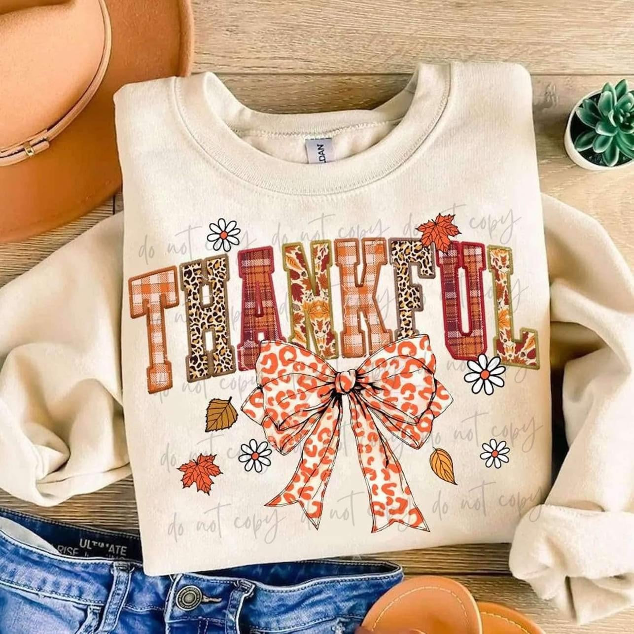 Faux Embroidery Thankful with Bow