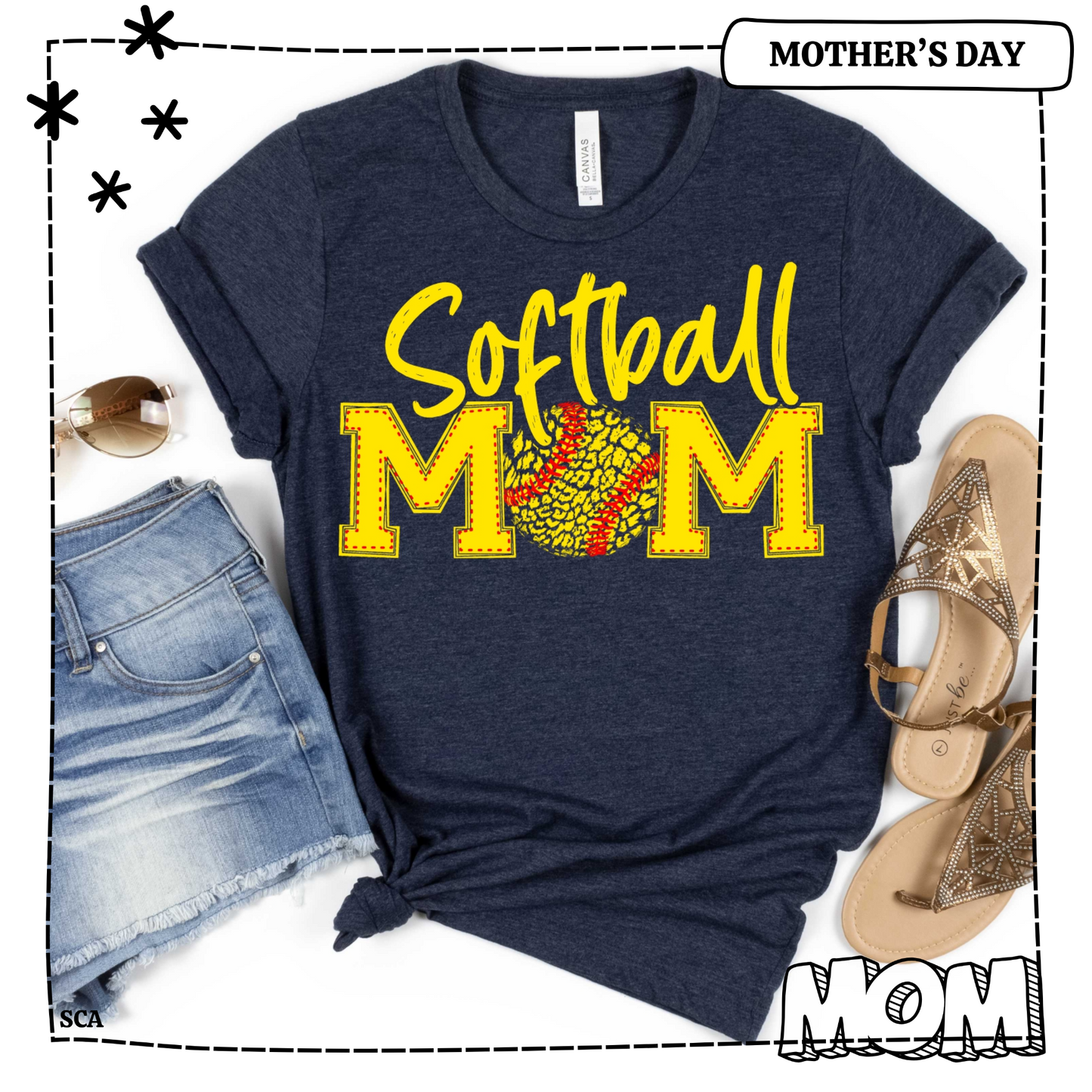 Softball Mom with Yellow and Red Softball with Seams