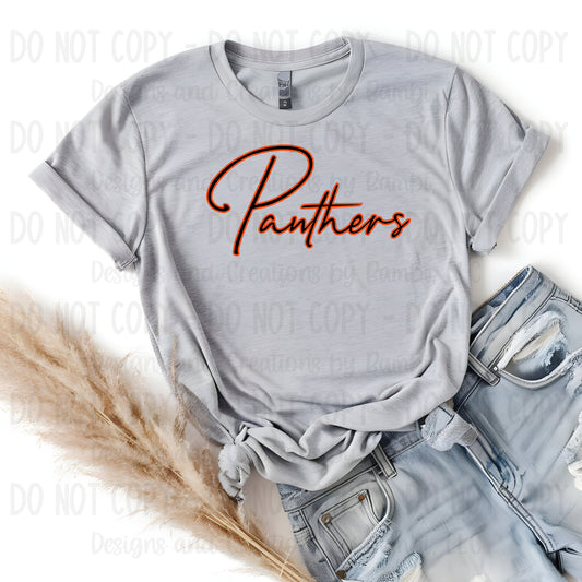 Westwood Panthers Script Black with Orange Outline