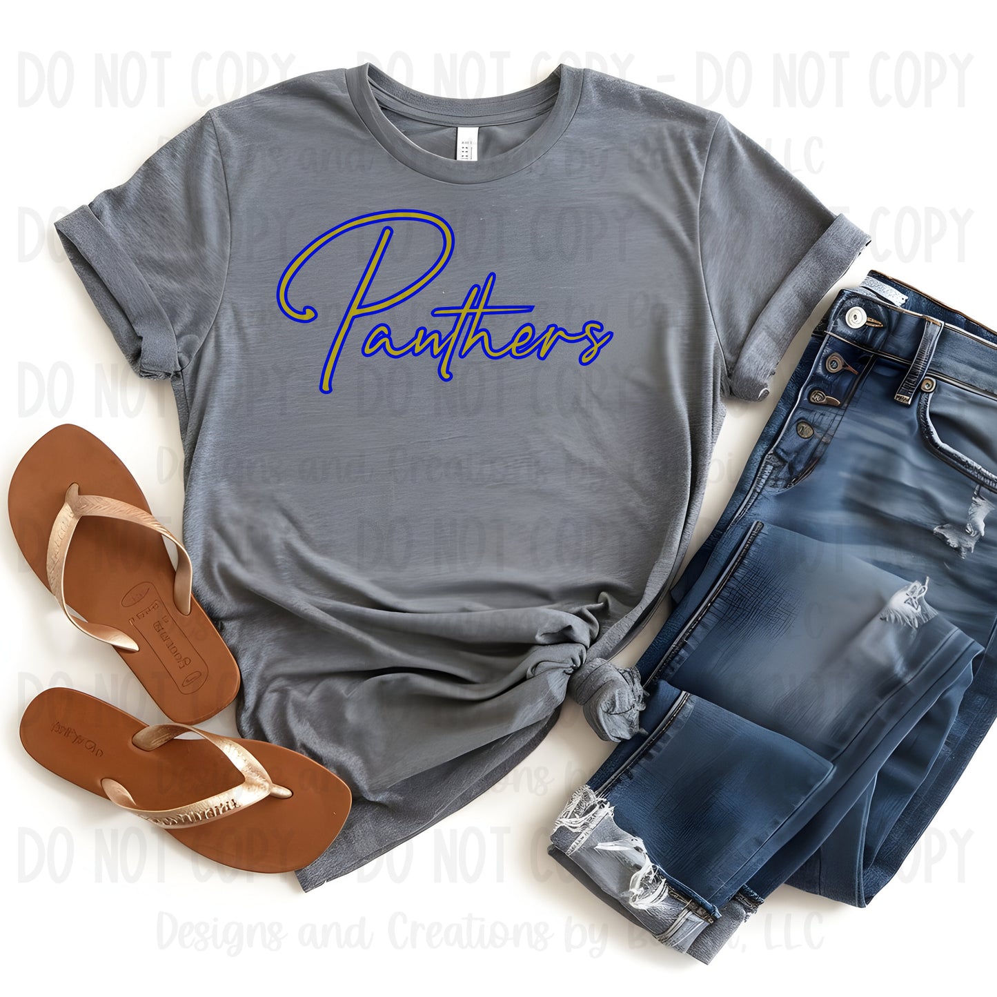 Oakwood Panthers Script Gold with Blue Outline
