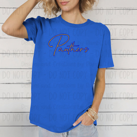 Oakwood Panthers Script Gold with Blue Outline