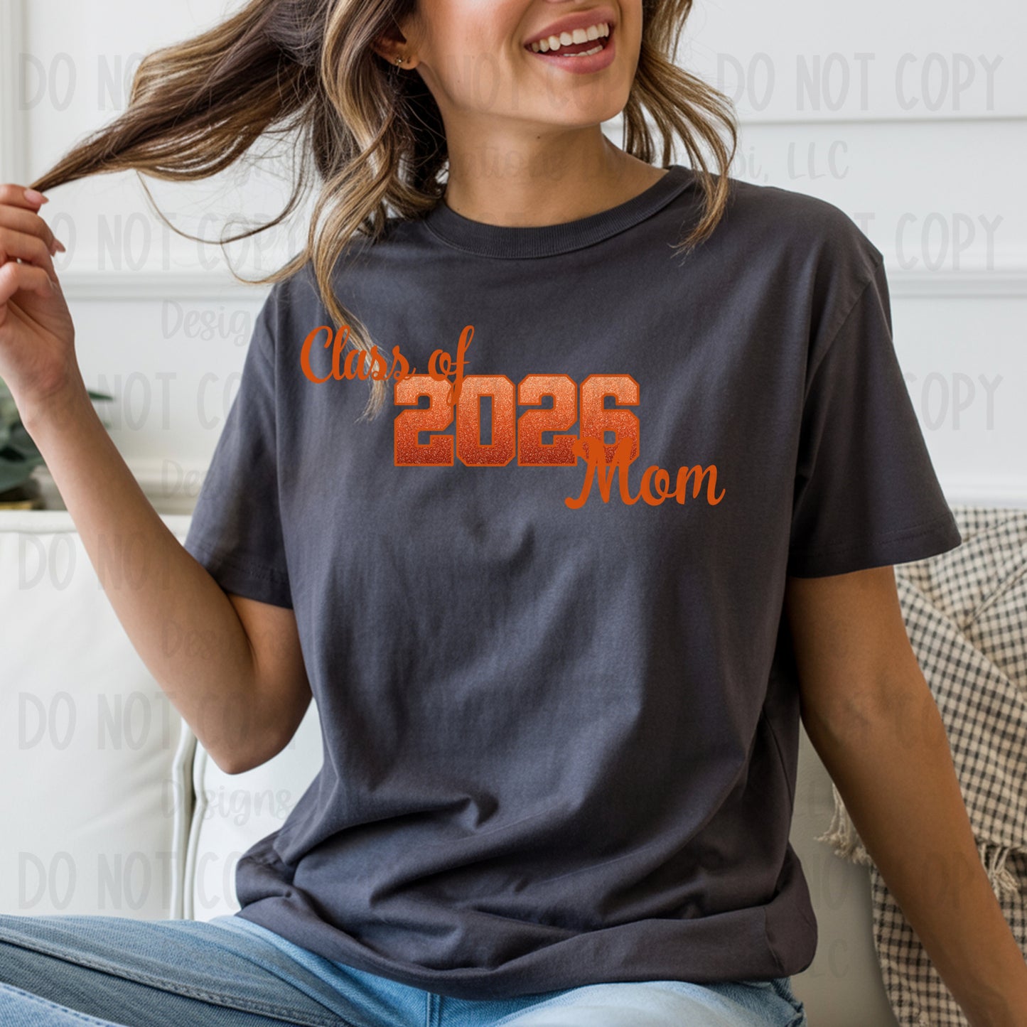 Class of 2026 Mom Faux Glitter/Embroidery Orange with Orange Outline and Orange Font