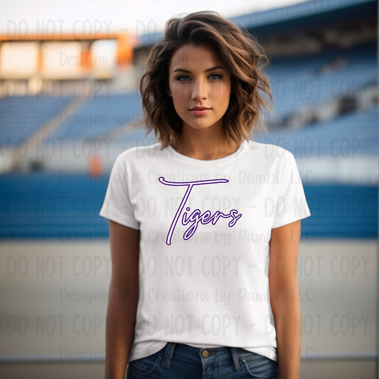 Kennard Tigers Script White with Purple Outline