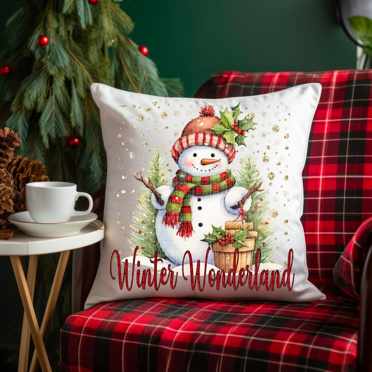 Snowman and Winter Wonderland Throw Pillow