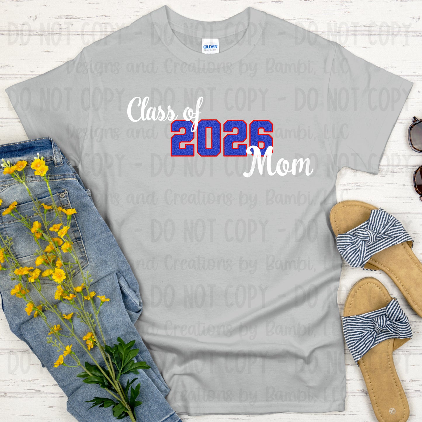 Class of 2026 Mom Faux Glitter/Embroidery Blue with Red Outline and White Font