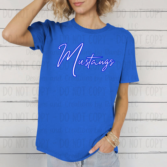 Slocum Mustangs Script White with Blue Outline