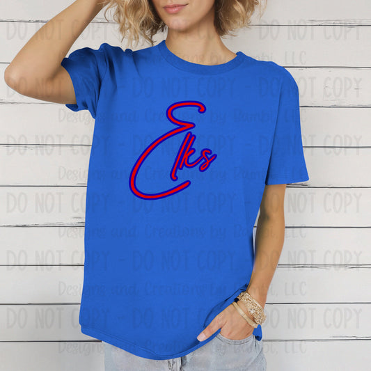 Elkhart Elks Script Red with Blue Outline
