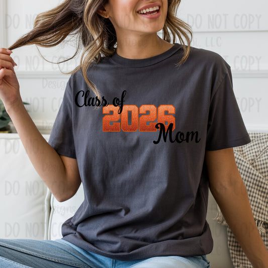 Class of 2026 Mom Faux Glitter/Embroidery Orange with Orange Outline and Black Font