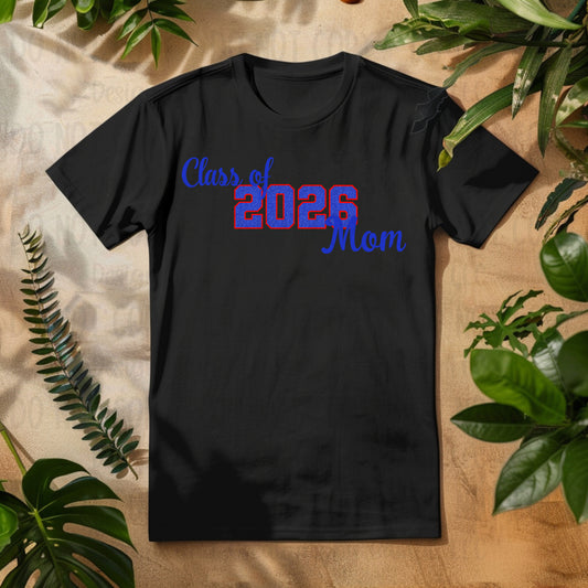 Class of 2026 Mom Faux Glitter/Embroidery Blue with Red Outline and Blue Font