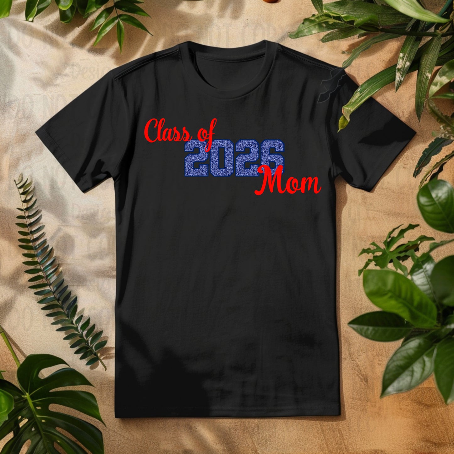 Class of 2026 Mom Faux Glitter/Embroidery Blue with Blue Outline and Red Font