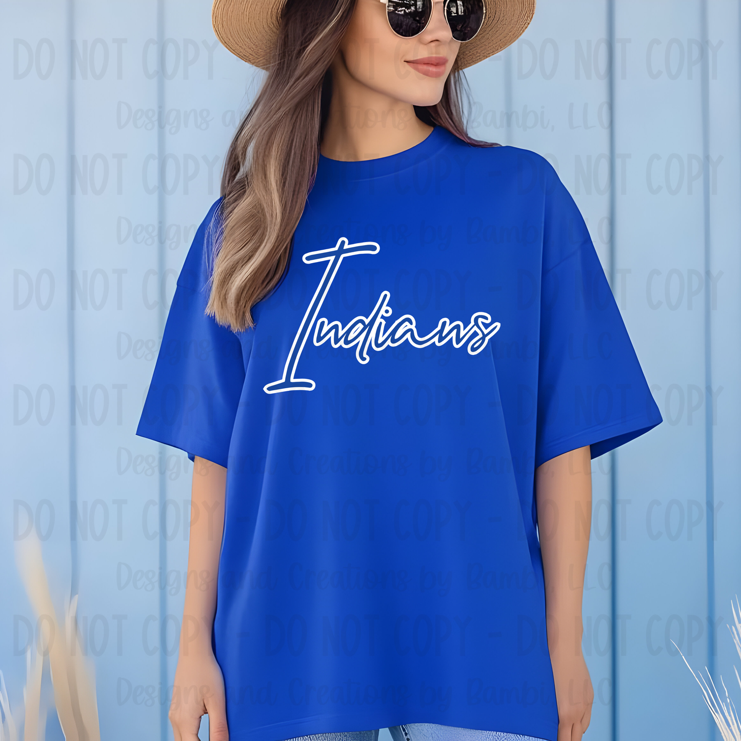 Frankston Indians Script Blue with White Outline