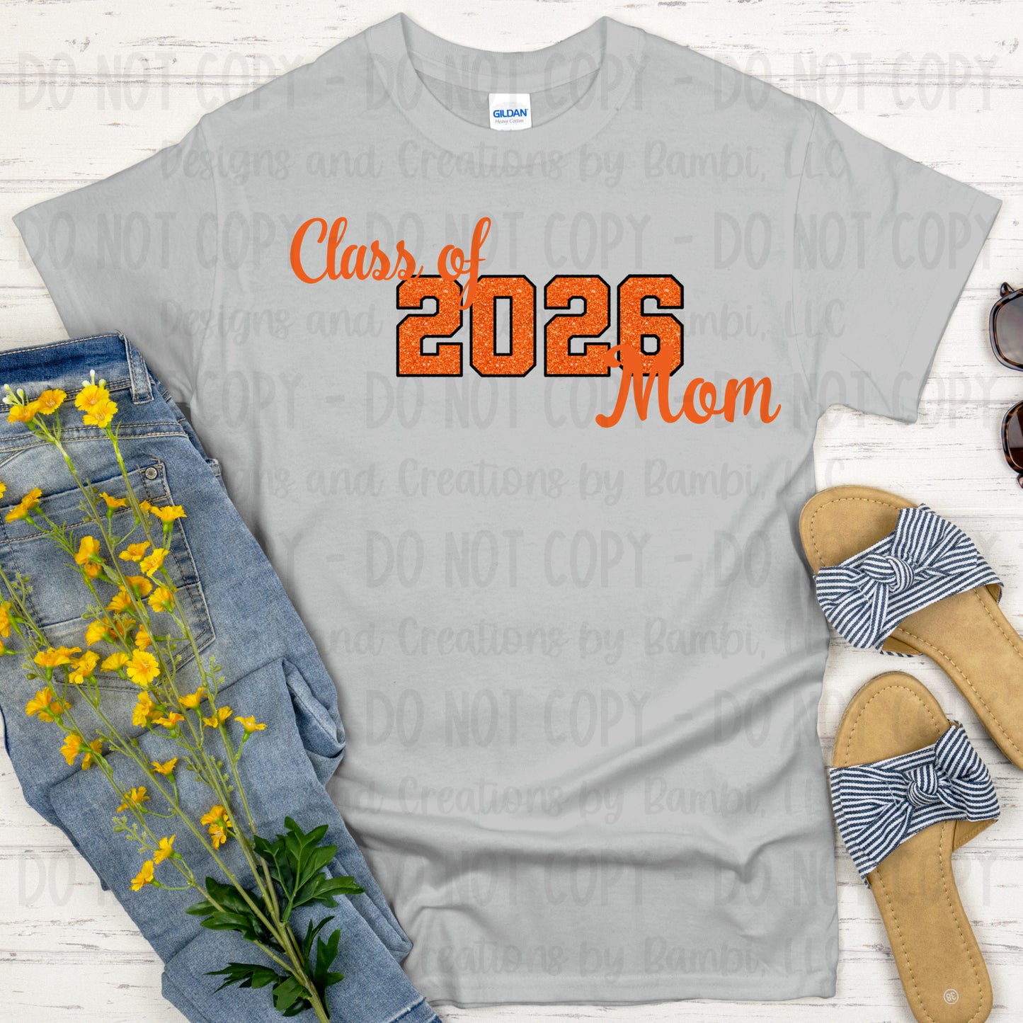 Class of 2026 Mom Faux Glitter/Embroidery Orange with Black Outline and Orange Font