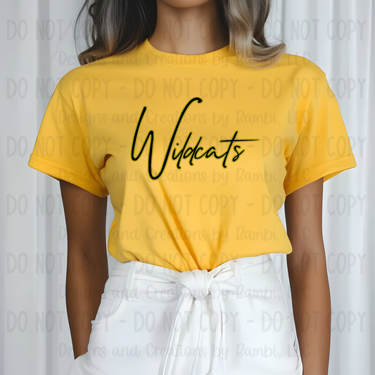 Cayuga Wildcats Script Black with Yellow Gold Outline