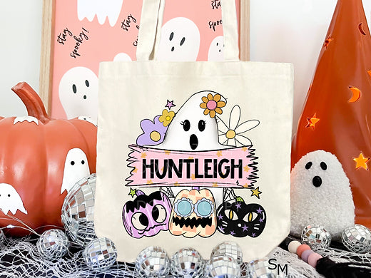 Personalized Ghost and Pumpkins Canvas Tote for Girls