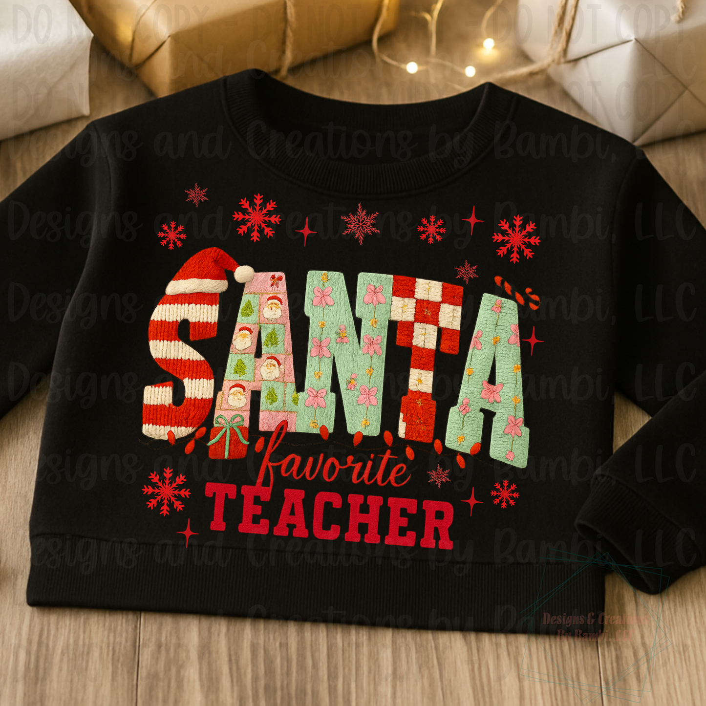 Faux Knit Santa Favorite Teacher Multi Patterns