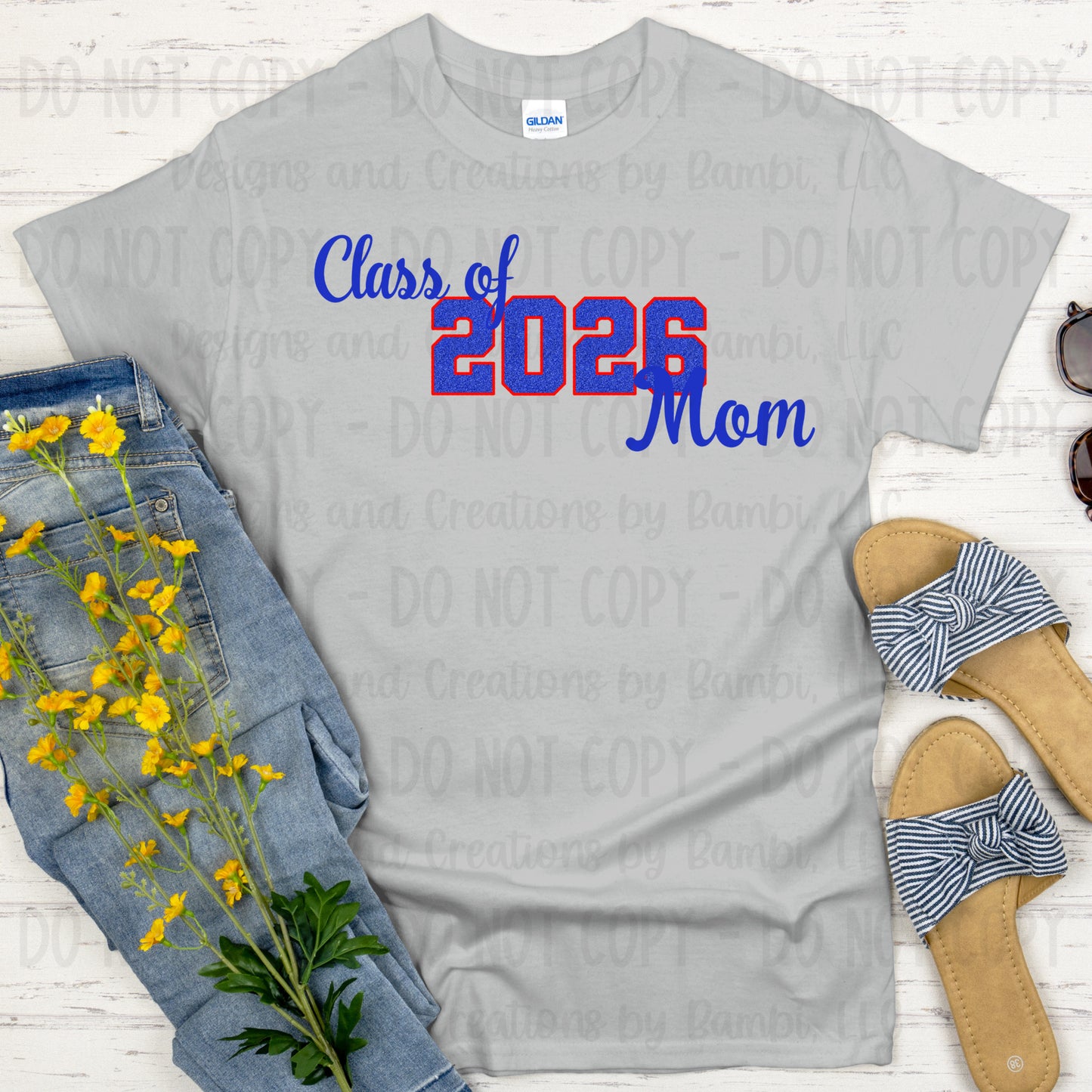 Class of 2026 Mom Faux Glitter/Embroidery Blue with Red Outline and Blue Font